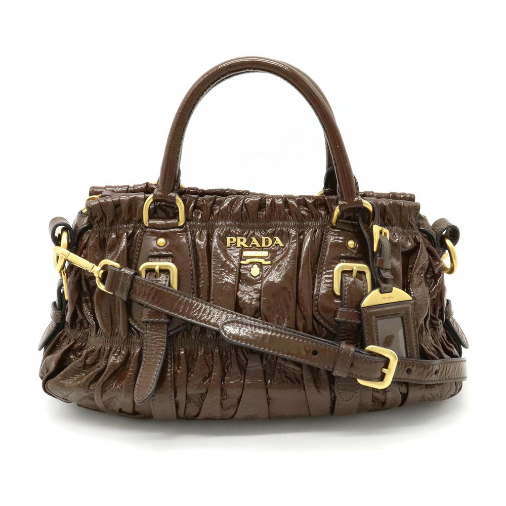 Prada Gathered Handbag Crossbody Bag Enamel Brown